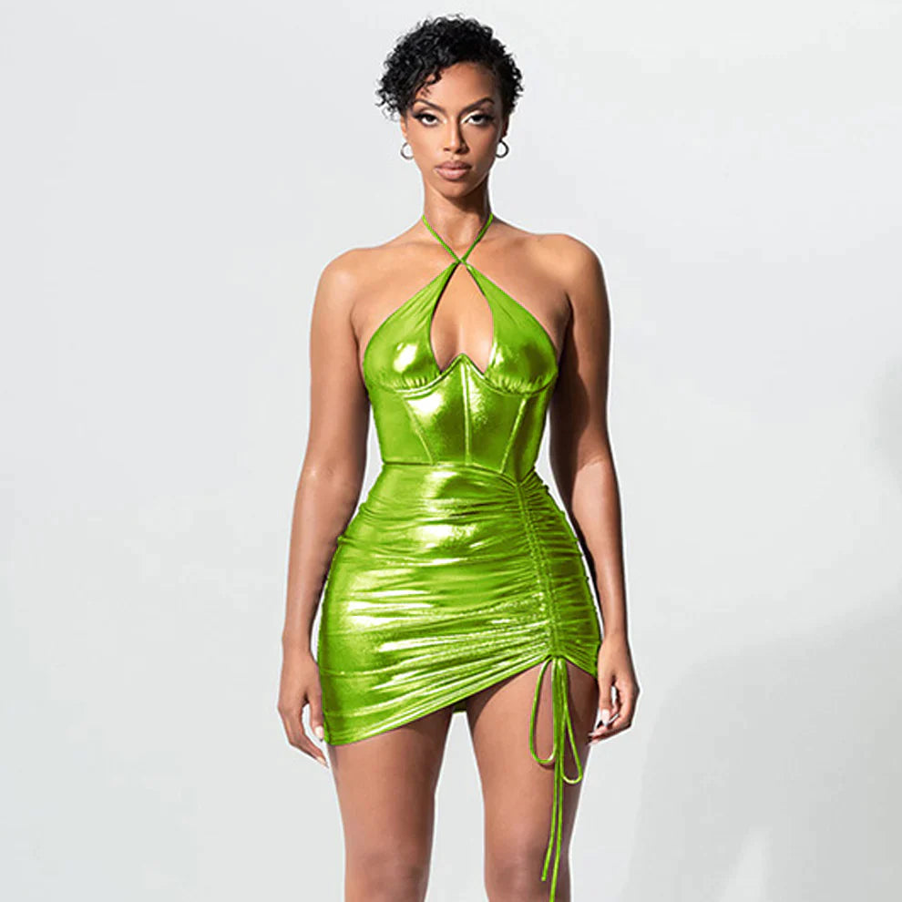 Metallic Halter Dress Shiny Corset Dress Ruched Bodycon Club Mini Dress