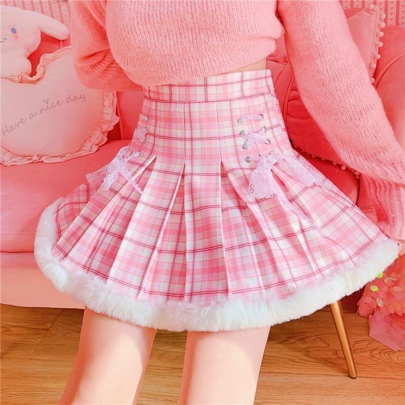 Princess Pink Plaid Fur Lined Skirt