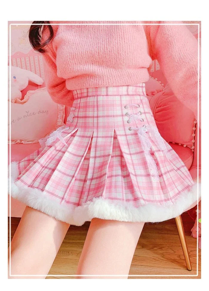 Princess Pink Plaid Fur Lined Skirt