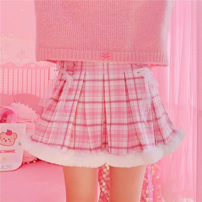 Princess Pink Plaid Fur Lined Skirt