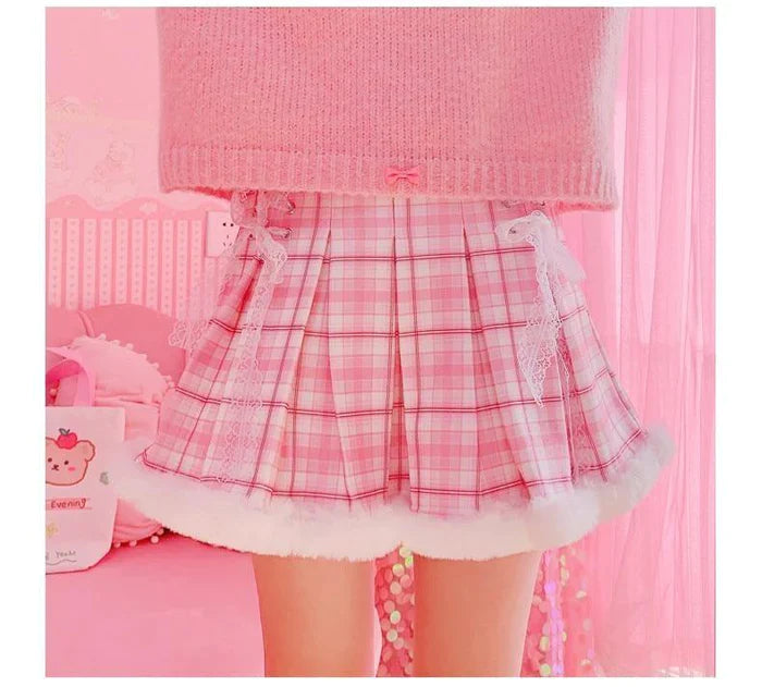 Princess Pink Plaid Fur Lined Skirt