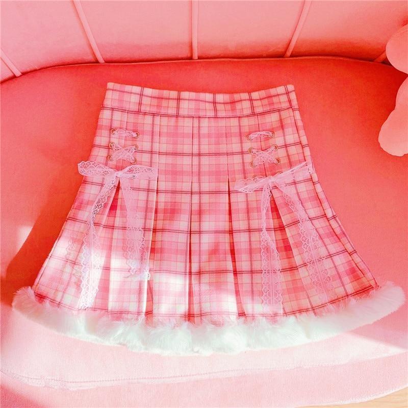 Princess Pink Plaid Fur Lined Skirt