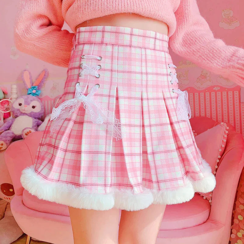 Princess Pink Plaid Fur Lined Skirt