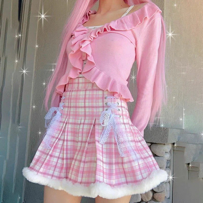 Princess Pink Plaid Fur Lined Skirt