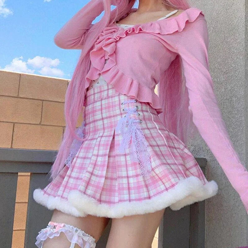 Princess Pink Plaid Fur Lined Skirt