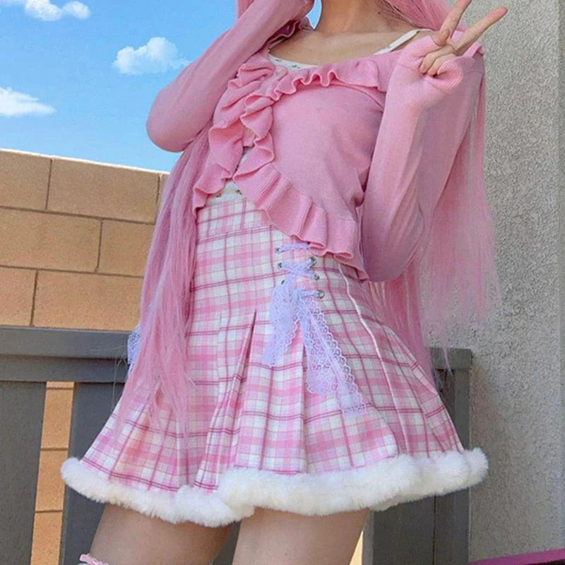 Princess Pink Plaid Fur Lined Skirt