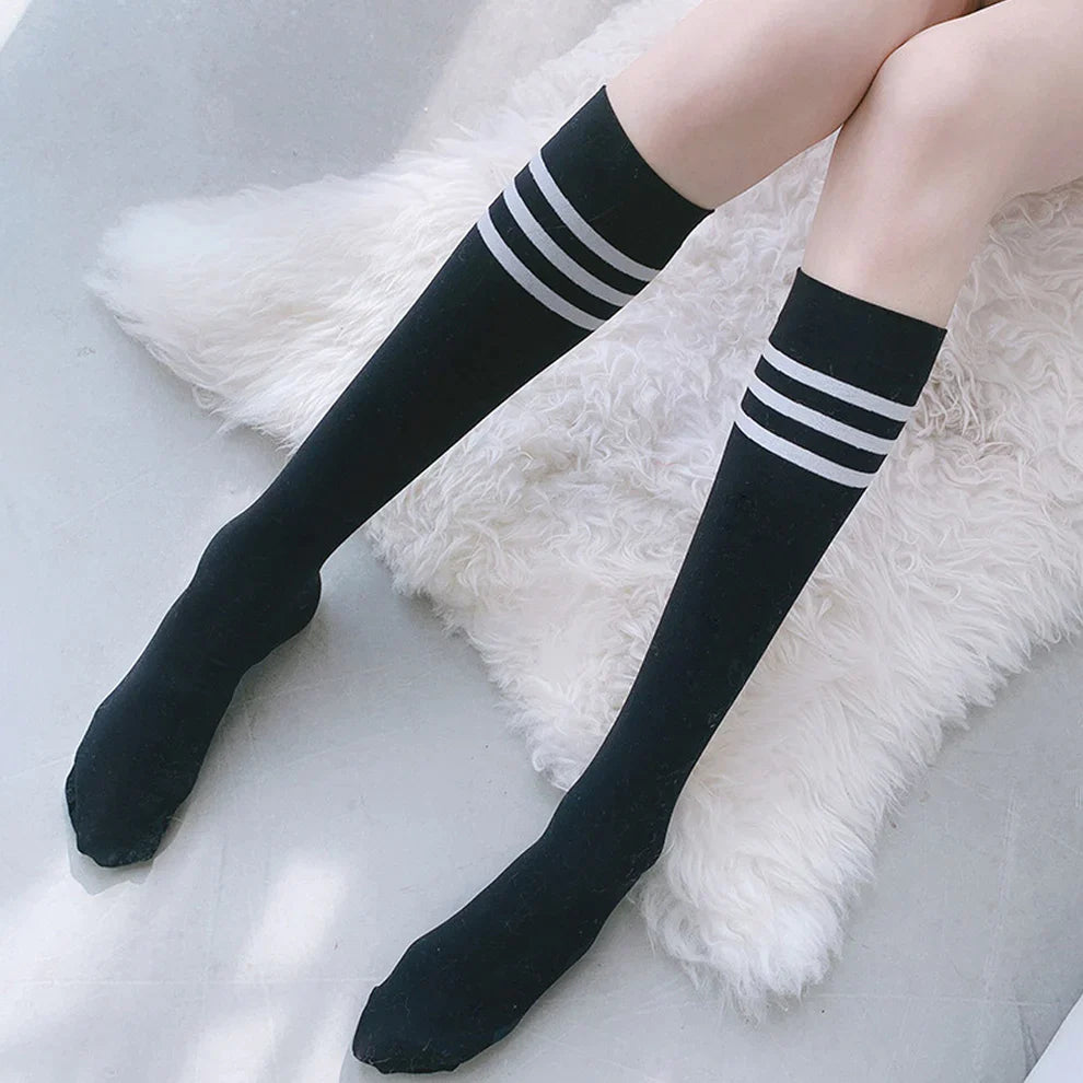 Stripes Knee High Socks School Girl Opaque Thin Tube Stockings